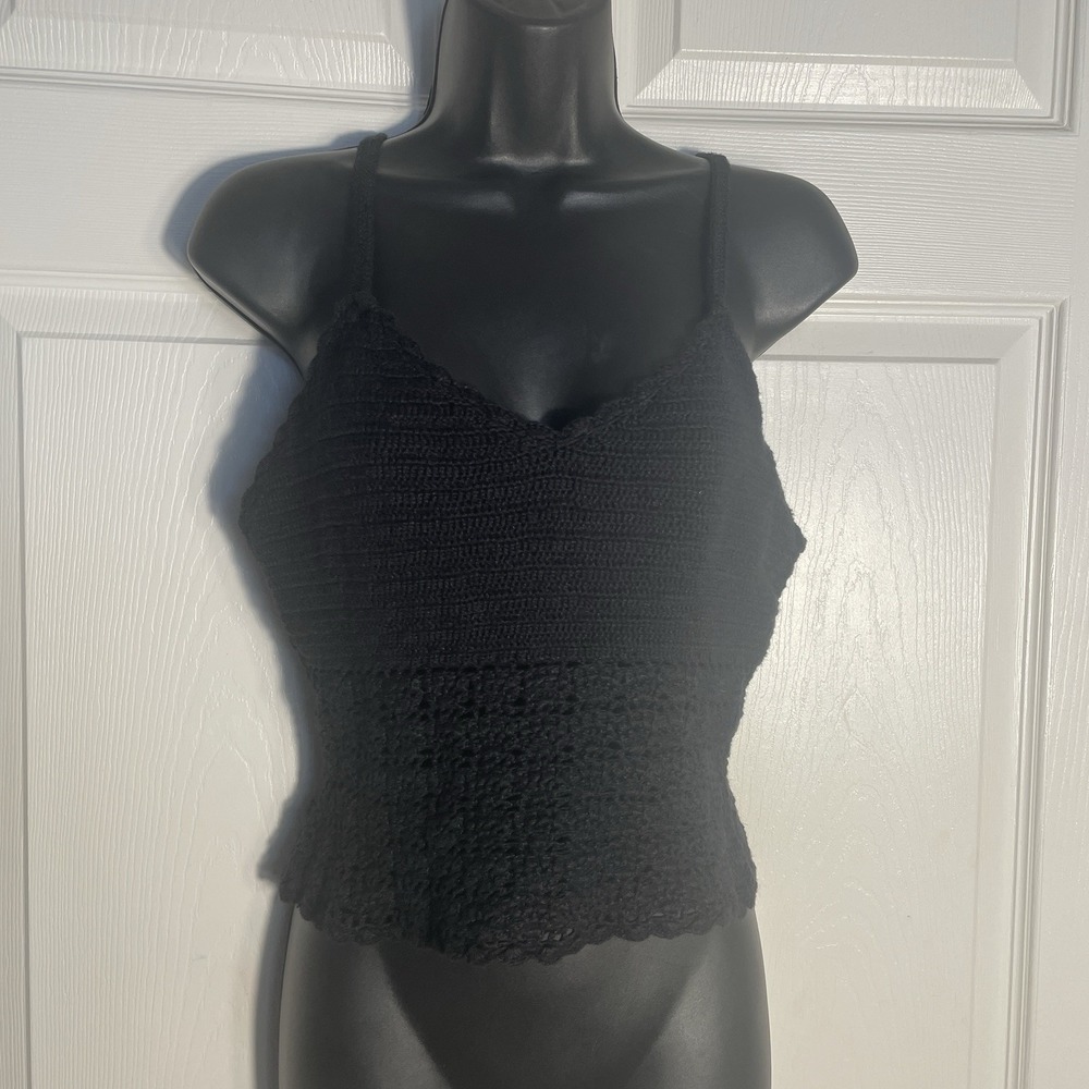 Vintage Moda International Crochet Tank Top‎  Women M Black Cropped Y2K Festival